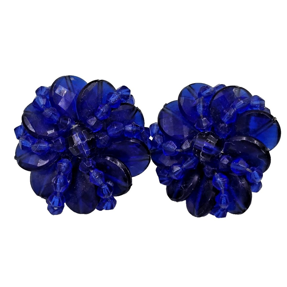 Vintage West Germany Blue Cluster Beaded Clip On Earrings Mid Century Jewelry